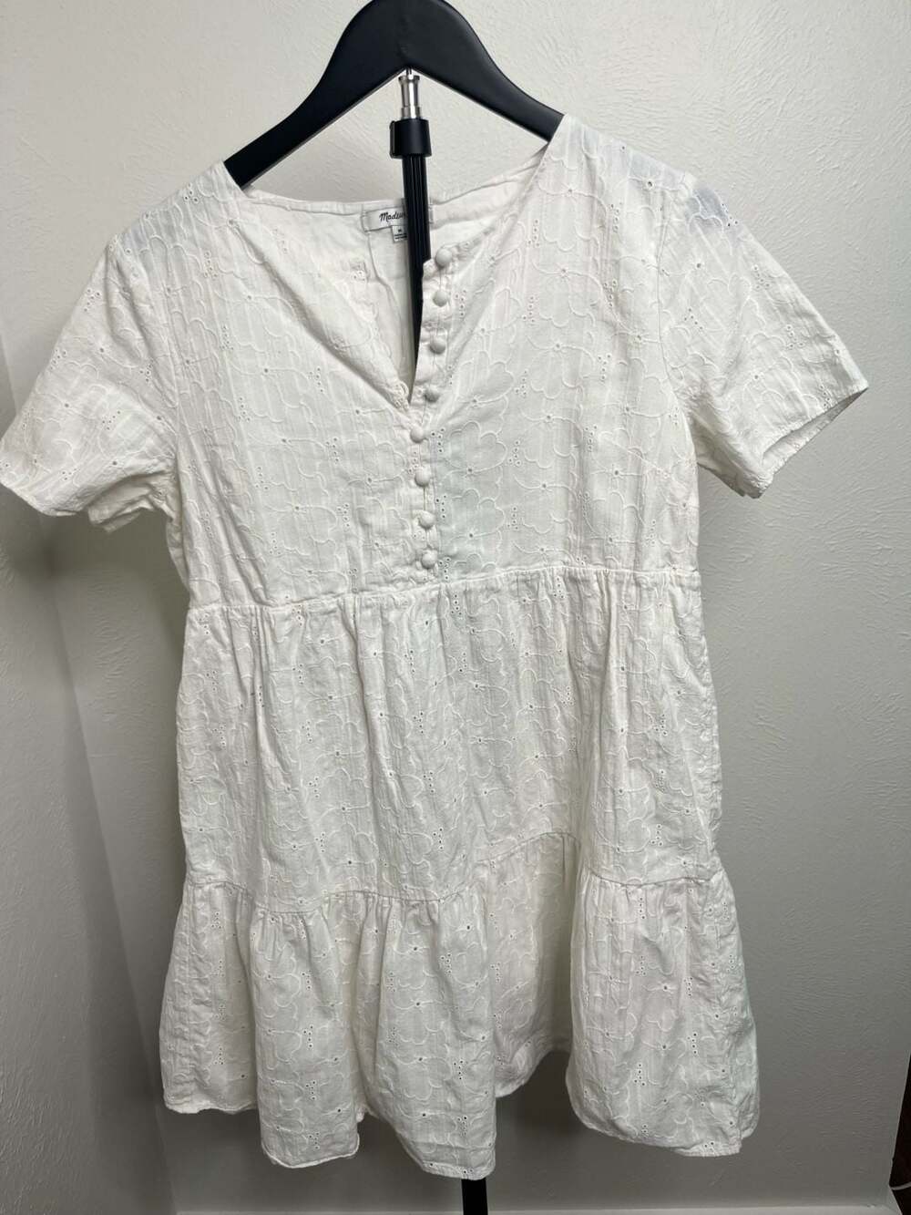 Madewell White Button-Front Tiered Mini Dress Short Sleeve Cottagecore Boho Styl